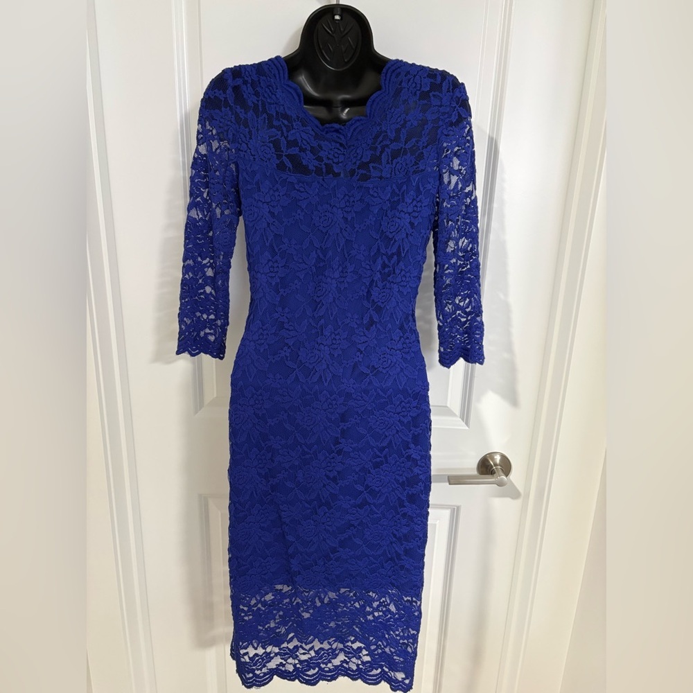 Chic Royal Blue Lace Asymmetrical Dress - Picture 3 of 4